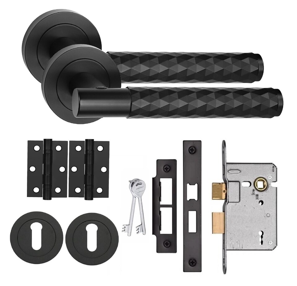 image 1 of Golden Grace Knurled Diamond Cut T-Bar Bathroom Door Handle Set Matt Black with Ball Bearing Hinges