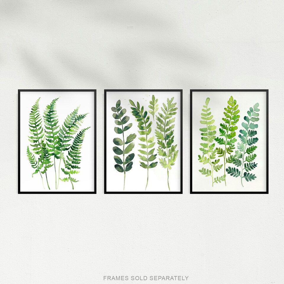 image 1 of Set of 3 Fern Fronds Leaves Botanical Watercolour Living Room A4 Size Wall Art Prints Pack