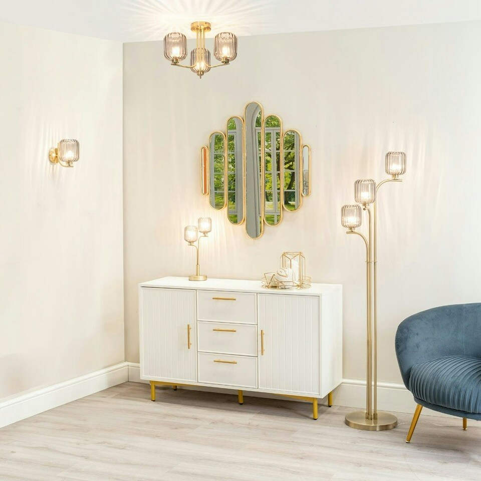 image 1 of ValueLights Amelie Gold Stem Single Ribbed Glass Lamp Wall Light with LED Bulbs