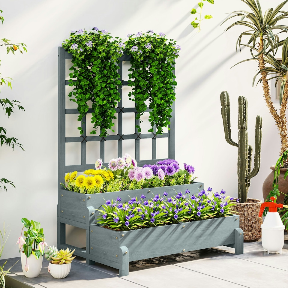 image 1 of Outsunny 2-Tier Wooden Raised Bed with Trellis and Drainage Holes, Brown 