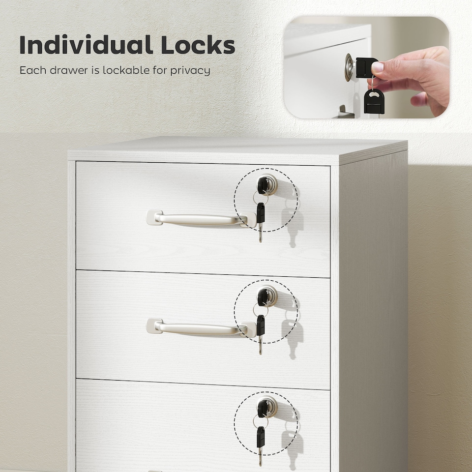 image 1 of HOMCOM Mobile Filing Cabinet with 3 Drawers and Wheels, Lockable Rolling Under Desk Drawers for A4 and Letter Sized Hanging File Holders, Printer Stand for Home Office, White | White | White