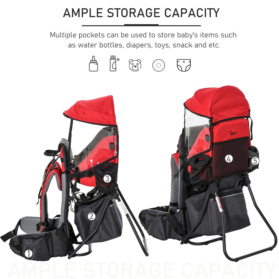 image 1 of HOMCOM Baby Hiking Backpack Carrier w/ Detachable Rain Cover for Toddlers Red Red | One Size