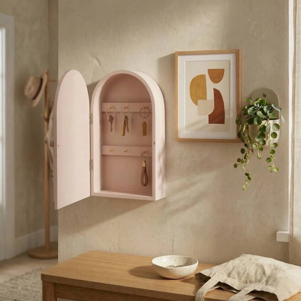 image 1 of Wall Mounted Key Cabinet Holder Box Wooden Storage With Hooks Organizer | Pink | Pink | 1