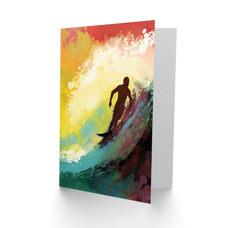 image 1 of Morning Surf Rainbow Wave Surfing Surfer Design Greeting Card