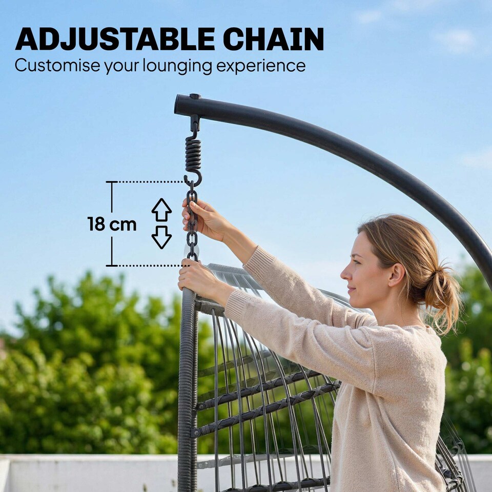 image 1 of Outsunny Hanging Egg Chair, Outdoor Swing Chair with Stand, Dark/Light Grey | Grey | Dark grey basket, light grey cushions | One Size