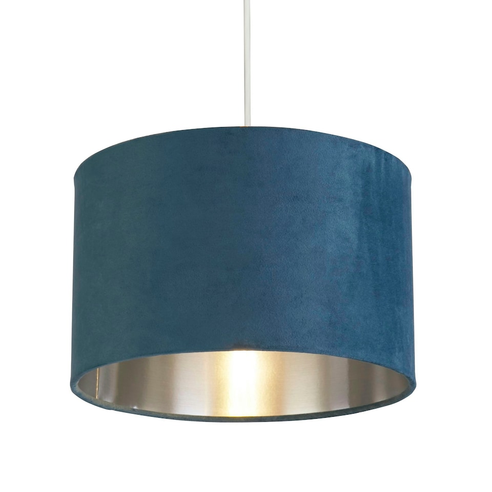 image 1 of TEAL VELVET DRUM SHADE & SILVER INNER (D27cm)