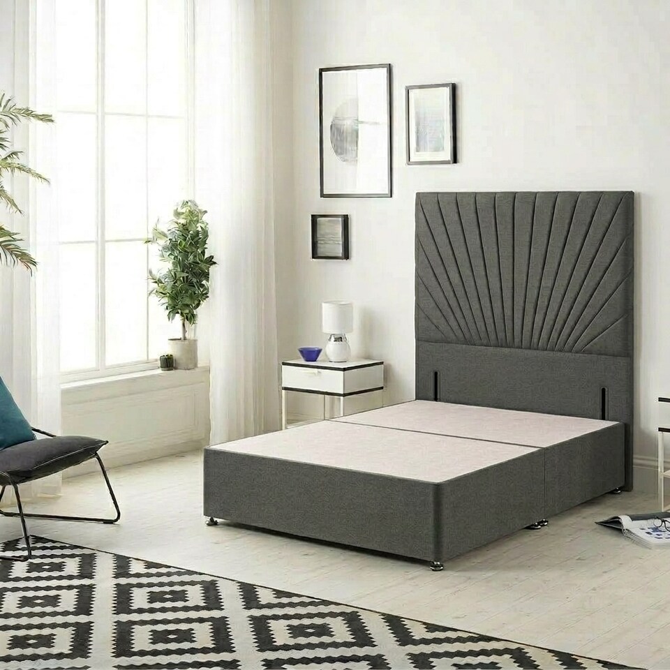 image 1 of Sunburst Divan Bed with 54'' Floor Standing Headboard Tweed Fabric | Grey | Charcoal