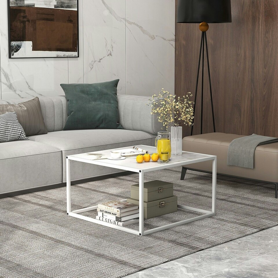 image 1 of COSTWAY Modern Square Coffee Table with Faux Marble Tabletop White