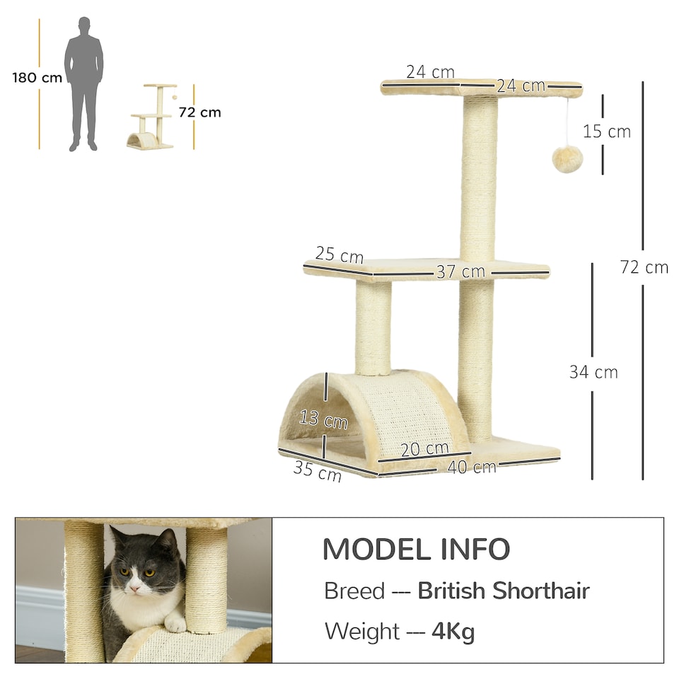 image 1 of PawHut 72cm Cat Tree Tower with Scratching Post Perch, Indoor