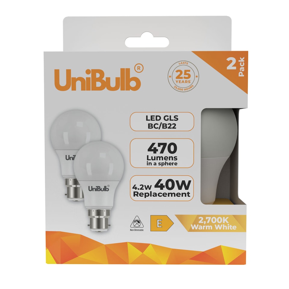image 1 of UniBulb LED GLS B22 470lm 4.2W 2700K (Warm White) Light Bulb - Pack of 2 | White | Warm White | 2