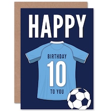 Football Strip Kit Sky Top On Dark 10 Year old Kids 10th Birthday Card