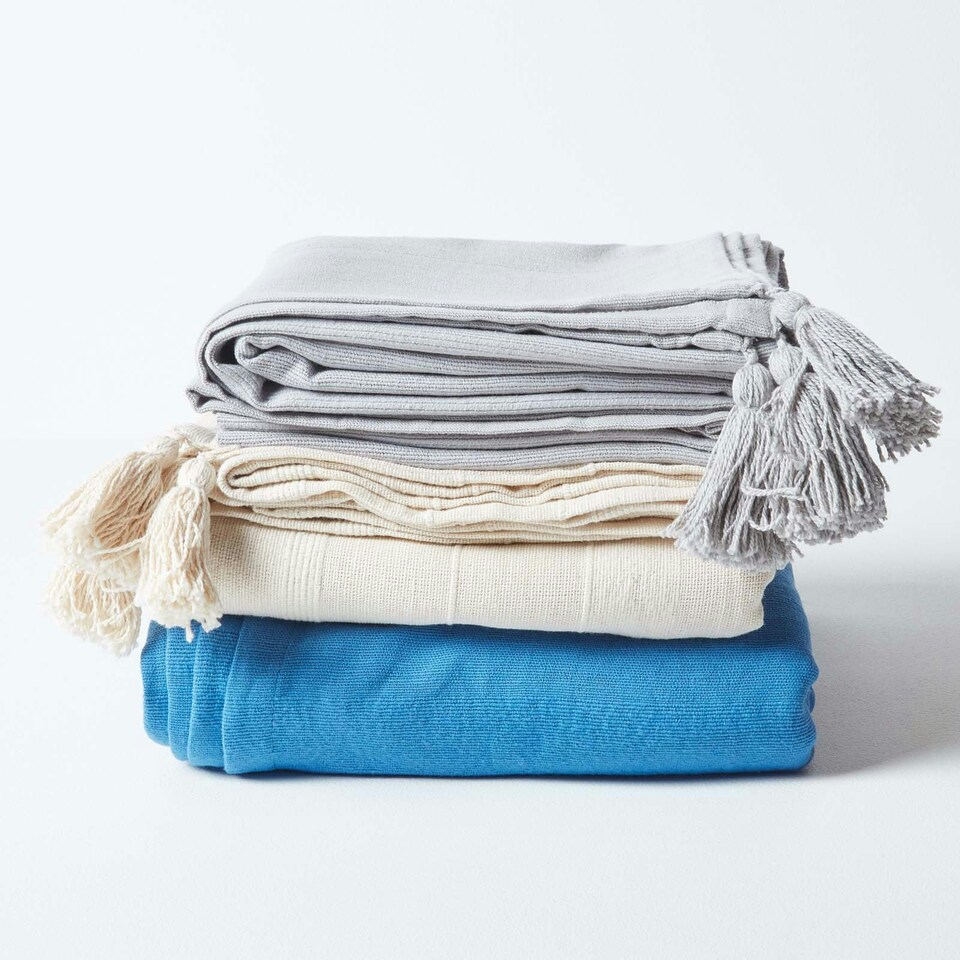 image 1 of Homescapes Cotton Rajput Ribbed Silver Grey Throw - 225 x 255 cm Grey