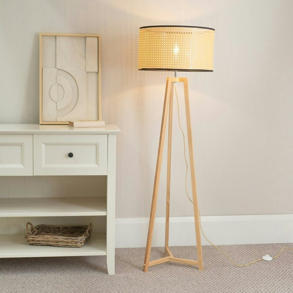 image 1 of ValueLights Lottie Natural Wood Tripod Floor Lamp with Wicker Drum Shade