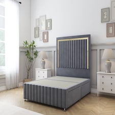 Sloomy Boston Gold Steel Plush Divan Bed Base 2 Drawers Foot-End With 54 Inch Floor Standing Headboard & 12 Inch Matching Footboard | Grey | Steel | Super King | 1