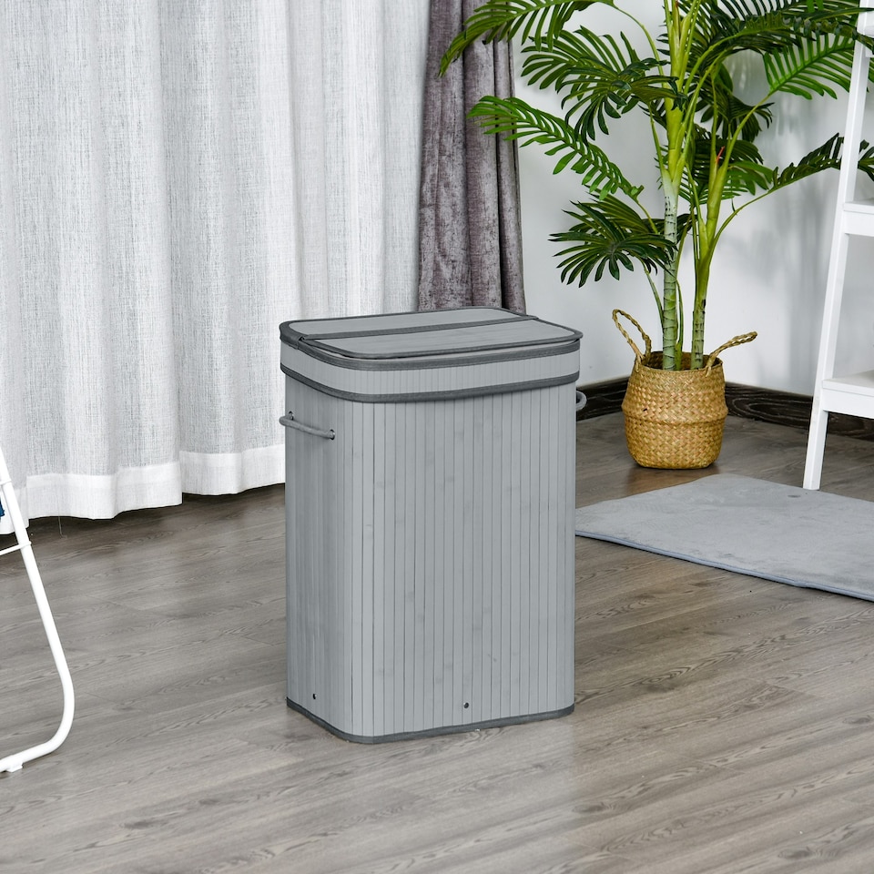 image 1 of HOMCOM 70L Wood Laundry Basket A Compartment Flip Lid Removable Lining Grey