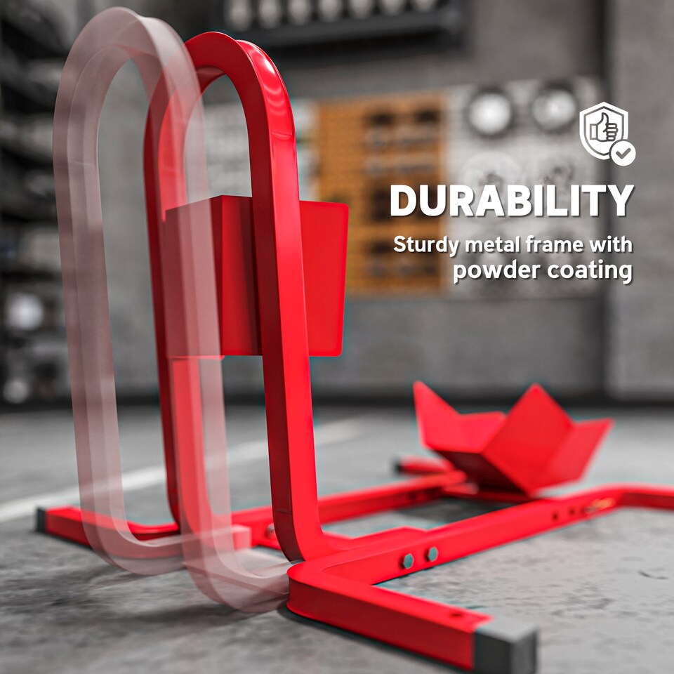 image 1 of HOMCOM Adjustable Motorcycle Wheel Chock Motorbike Holder with Metal Frame | Red | Red | 60cmx55cmx43cm