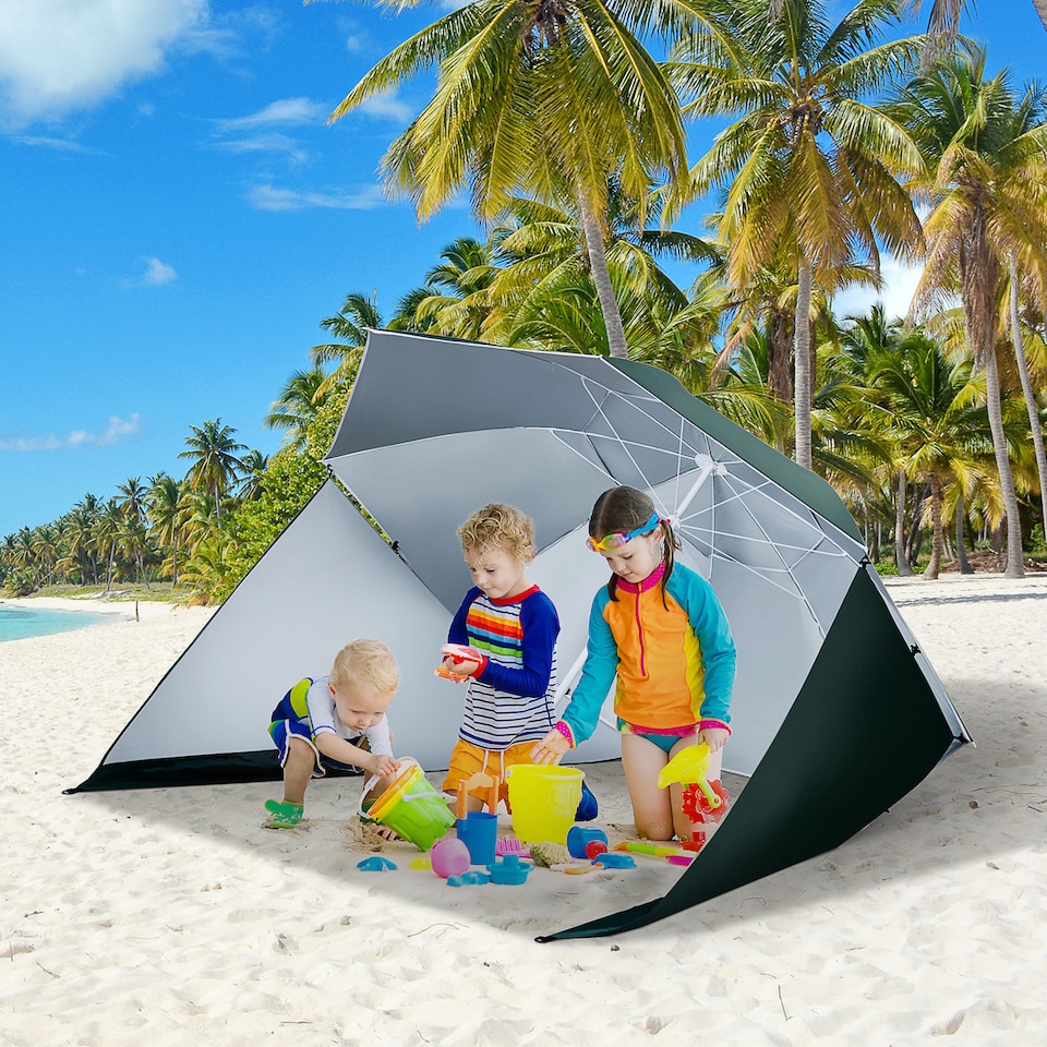 image 1 of Outsunny 2m UV Protection Fishing Beach Umbrella Brolly Shelter w Side Panel Tent, Carry Bag, Green