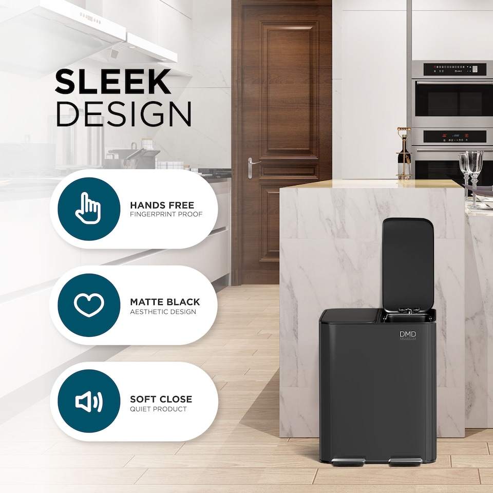 image 1 of DMD 30L Stainless Steel Recycling Bin, 2 x 15L Removable Plastic Recycling Buckets | Black | Black