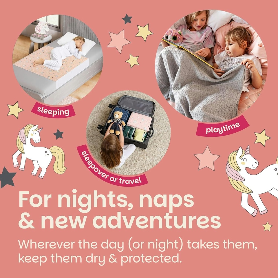 image 1 of Toddler Potty Training Bed Pad with Tucks - Soft Waterproof Bedwetting Pee Protector Mat for Kids - Multi-Layer Non-Slip Washable Absorbs Up to 2000ml 90 x 85cm Pink | Unicorn | Single