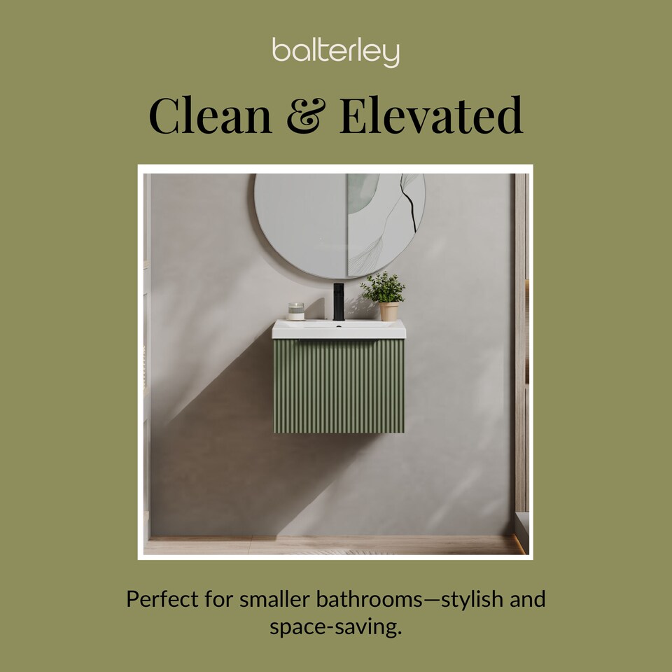 image 1 of Balterley Fluted Front Wall Hung Single Drawer Bathroom Vanity Unit with 1 Tap Hole Ceramic Basin, Handles | Green | Satin Green