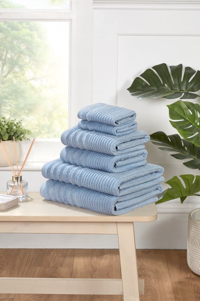 image 1 of Linear Pure Cotton Hand Towels Set Of 2 | Blue | Hand towel | 2