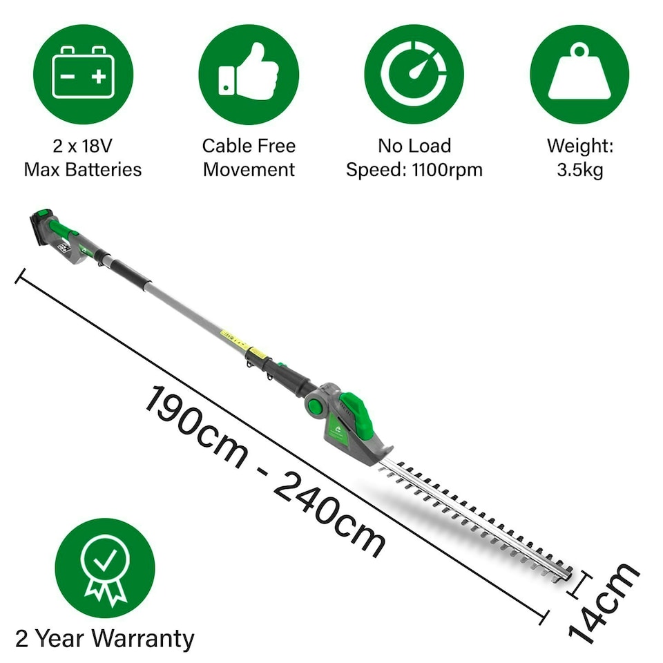 image 1 of Gracious Gardens 18V 2.4m Cordless Telescopic Long Reach Hedge Trimmer 2 Batteries | Green | Green | 1
