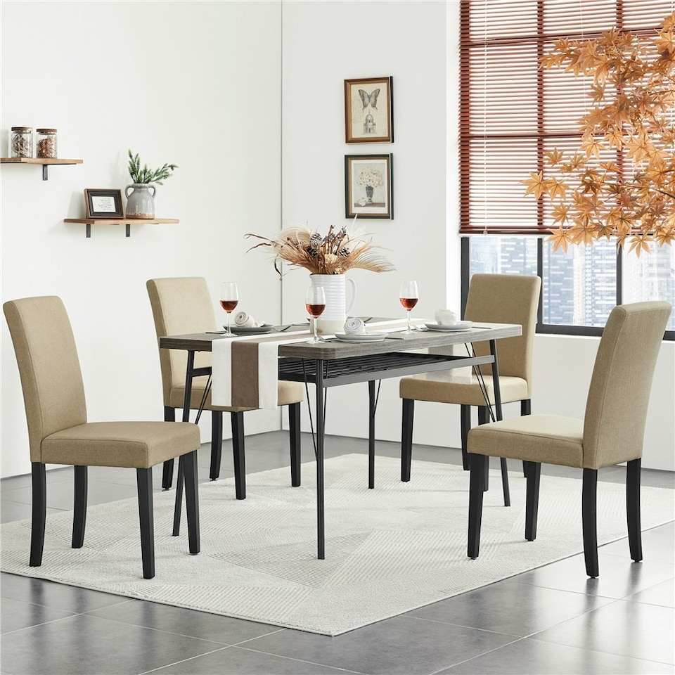 image 1 of Yaheetech Set of 4 Fabric Upholstered Dining Chairs with Solid Wood Legs N/A | Khaki