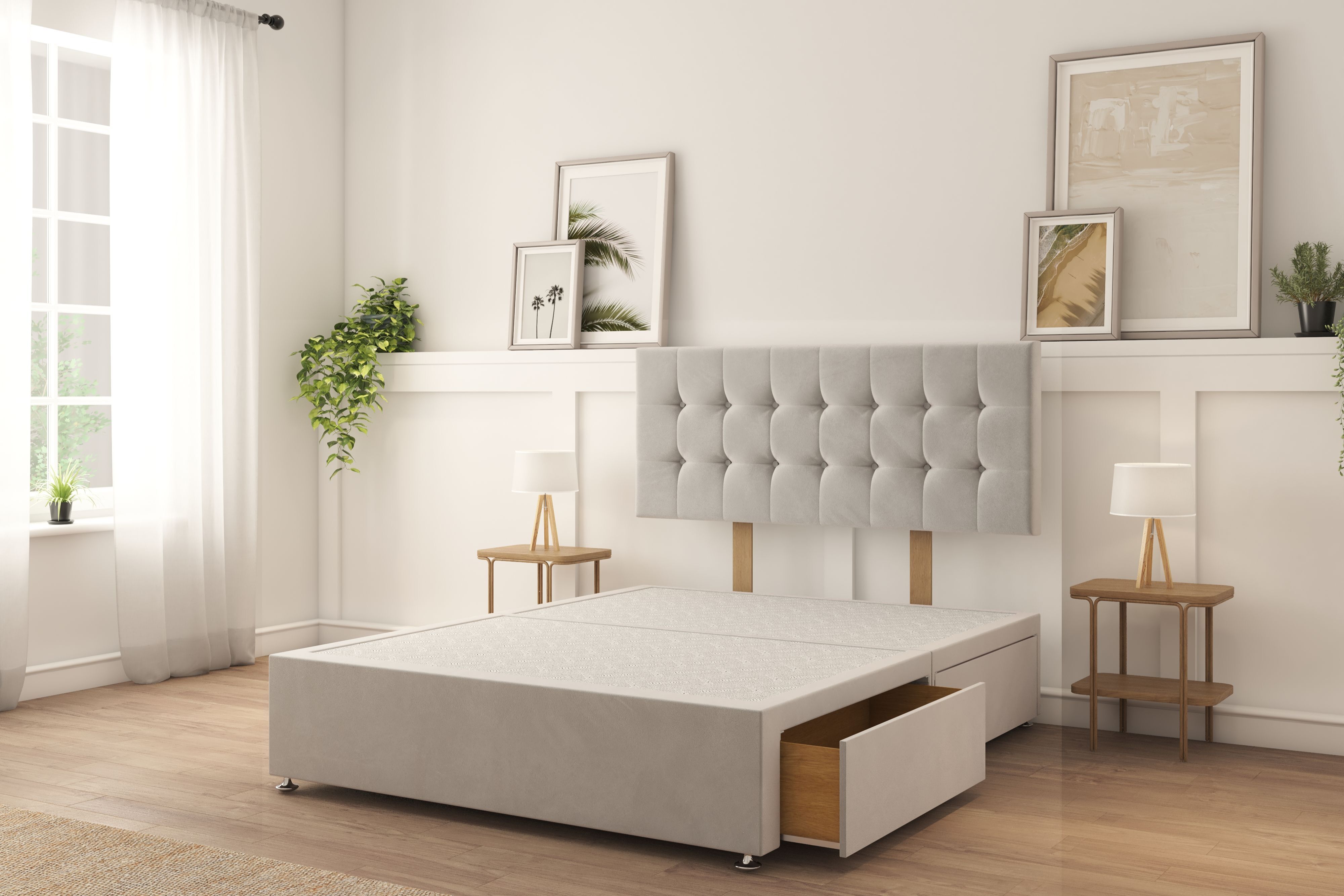 Sloomy Alabama Silver Plush Divan Bed Base 2 Drawers Foot-End With 26" Strutted Headboard 4'6 Double