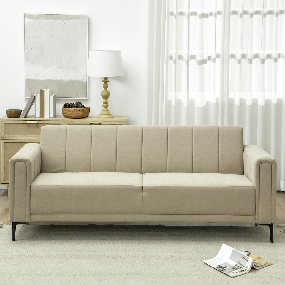 image 1 of HOMCOM 3 Seater Sofa, Modern Fabric Couch with Channel Tufted, Khaki 
