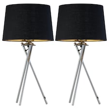 Set of 2 Tripod - Chrome Lamps with Black & Gold Fabric Shade Chrome | Black