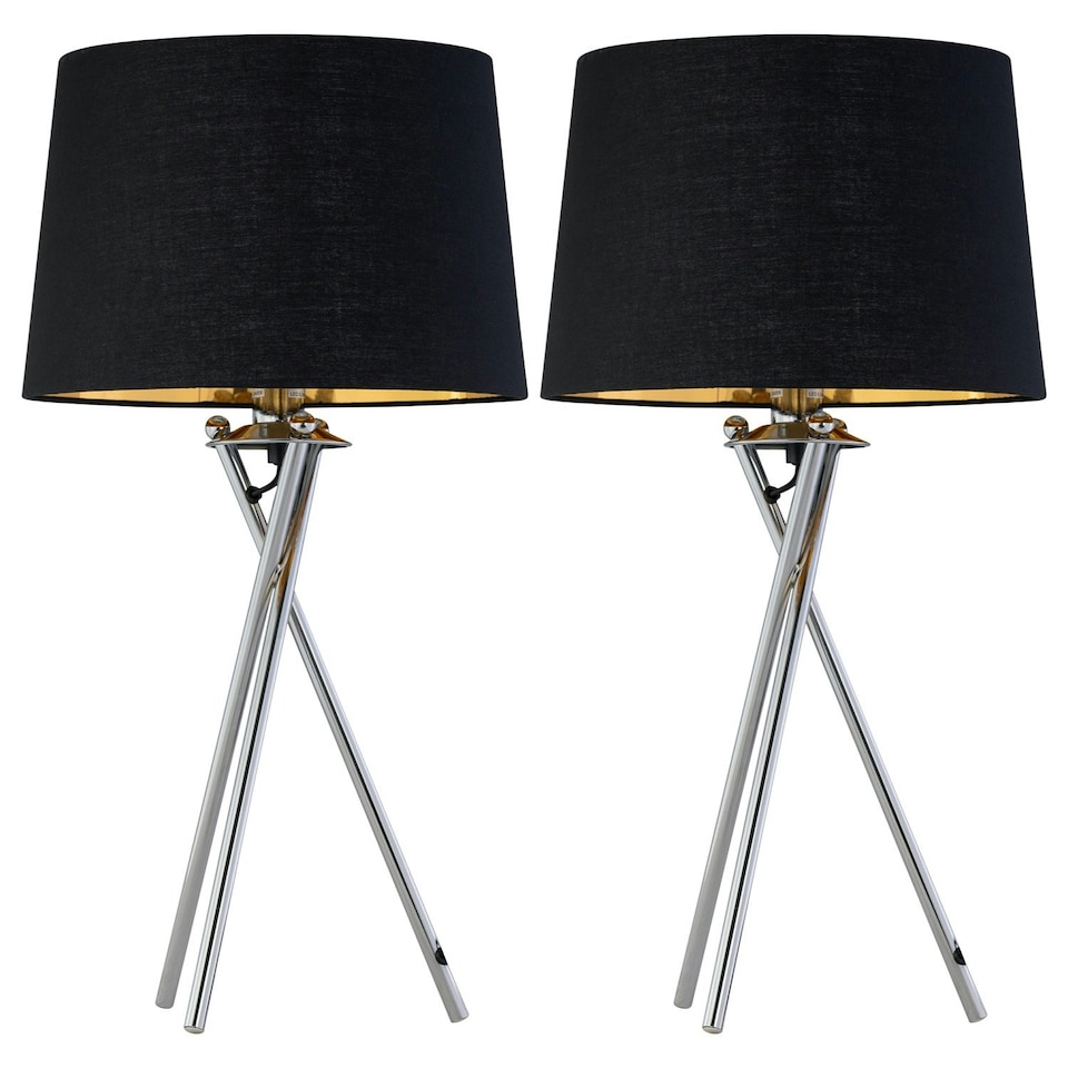 image 1 of Set of 2 Tripod - Chrome Lamps with Black & Gold Fabric Shade Chrome | Black