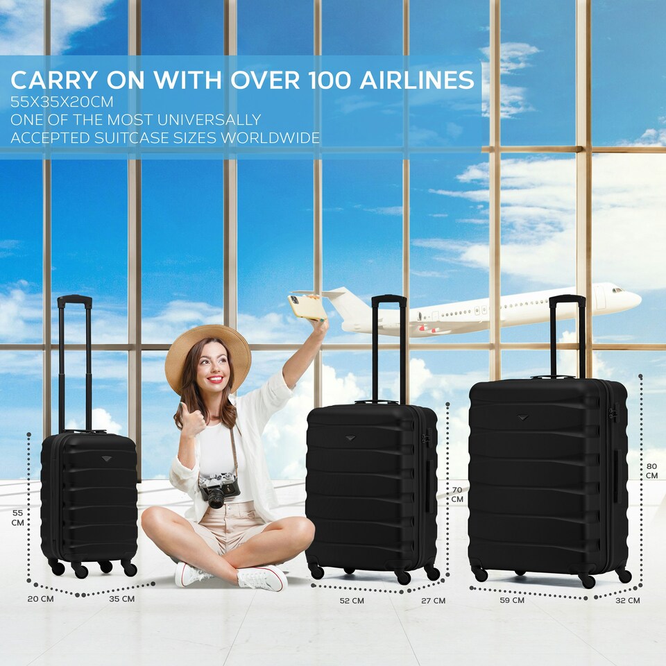 image 1 of Flight Knight Set of 3 Lightweight 4 Wheel ABS Hard Case Suitcases Cabin & Hold Luggage, 100+ Airlines Approved - easyJet, British Airways, Ryanair, Jet2 Green | Forest Green / Black