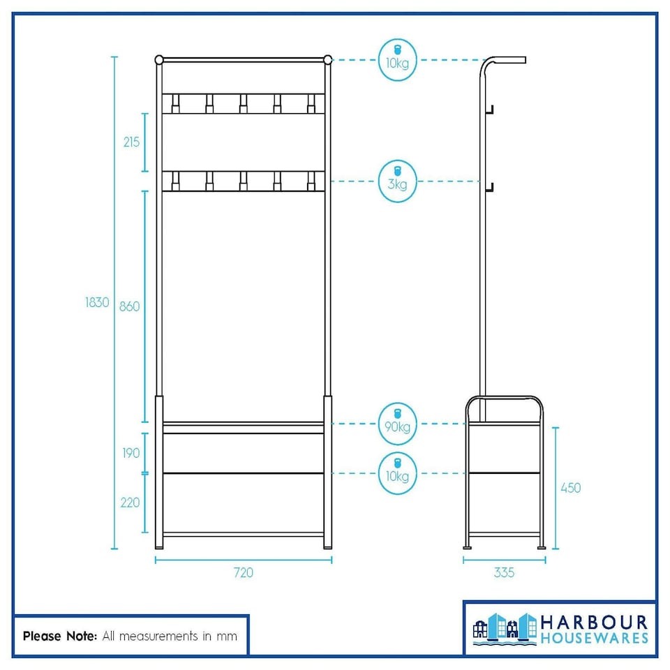 image 1 of Harbour Housewares Curved Steel Coat Rack with Shoe Storage Bench - Coat Rack Coat Stand Hat Stand Hooks Shoe Storage Clothing Rail Unit S