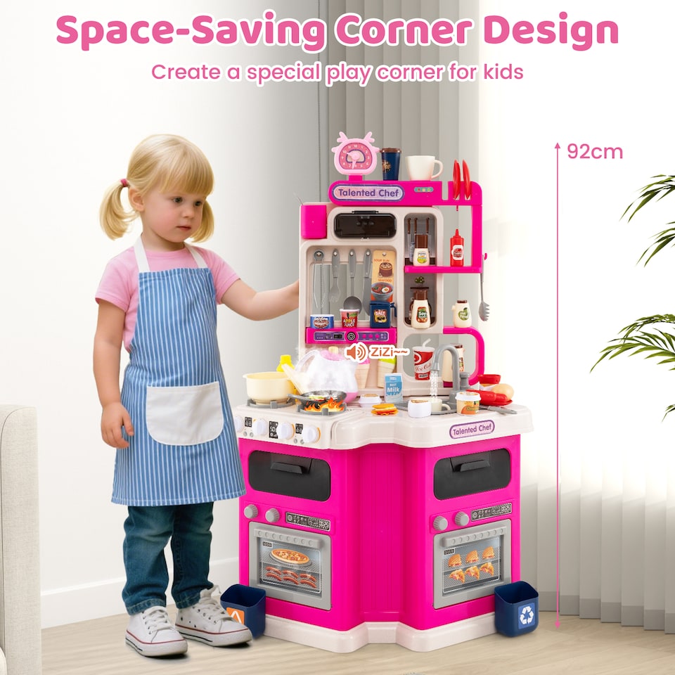 image 1 of COSTWAY Kids Kitchen Playset Corner Play Kitchen with Realistic Sounds-Pink
