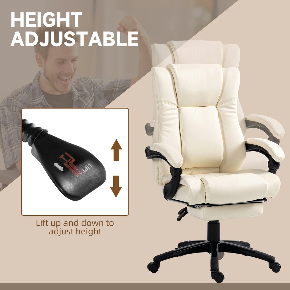 image 1 of Vinsetto Executive Home Office Chair High Back Recliner, with Foot Rest, Cream
