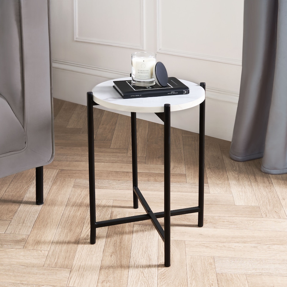 image 1 of OHS Round Side Table Coffee End Tables Nightstand with Metal Frame | White