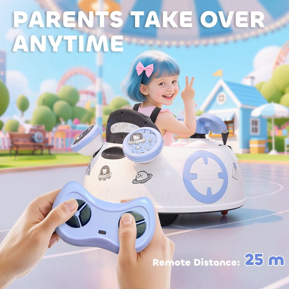 image 1 of AIYAPLAY Hello Kitty Licensed Kids Bumper Car with Remote Control, 360  Rotation Spin Electric Ride On Waltzer Car with Dual Joysticks, Music, Lights, Safety Belt, for 1.5-5 Years Old, White