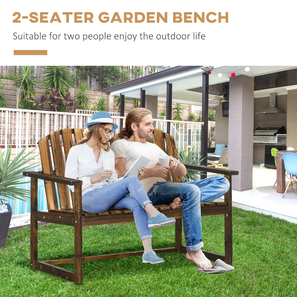 image 1 of Outsunny Outdoor Wooden Garden Bench, Patio Loveseat Chair with Slatted Backrest and Smooth Armrests for Two People, for Yard, Lawn, Porch, Carbonised Finish