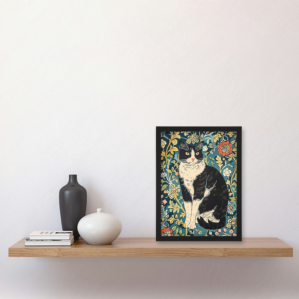 image 1 of Cat Flowers Portrait Animal Lover Living Room Black Framed Wall Art Print A4