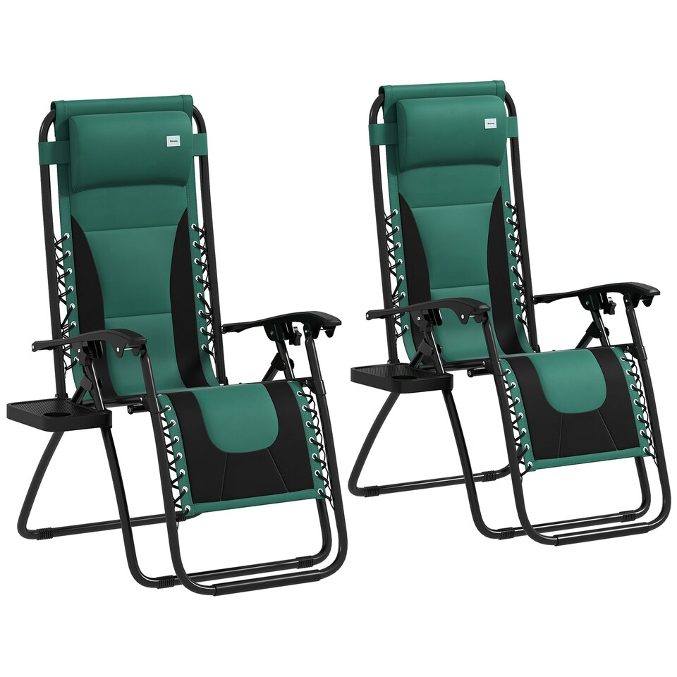 image 1 of Outsunny 2 Pcs Zero Gravity Lounger Folding Recliner Chair Cup Holder Green