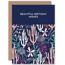 Beautiful Wishes Floral Cactus Pattern Birthday Greeting Card