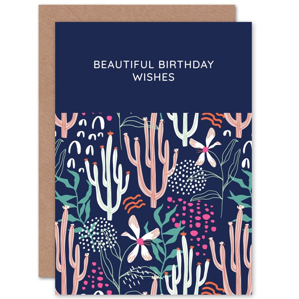 image 1 of Beautiful Wishes Floral Cactus Pattern Birthday Greeting Card