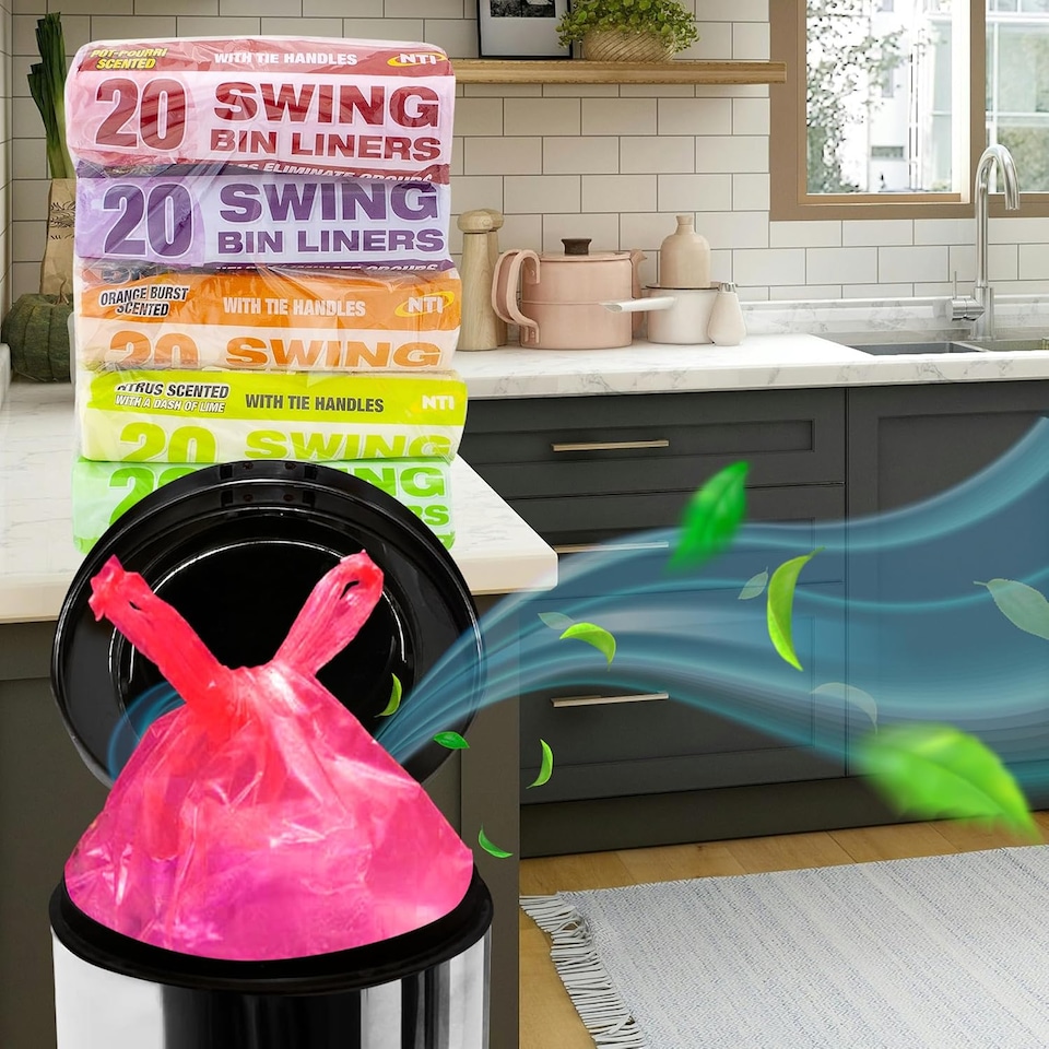 image 1 of Set Of 100 Swing Bin Liners Scented Tie Handles For Rubbish Heavy Duty