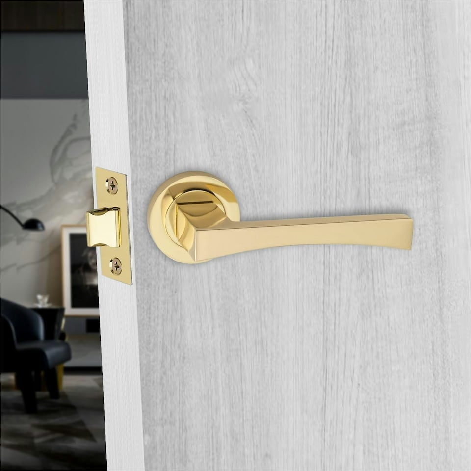 image 1 of Golden Grace Wave Handles Set on Round Rose in Electro Brass Finish with 64mm 3 Lever Mortise Lock, 3" Ball Bearing Hinges and Key Hole Gold