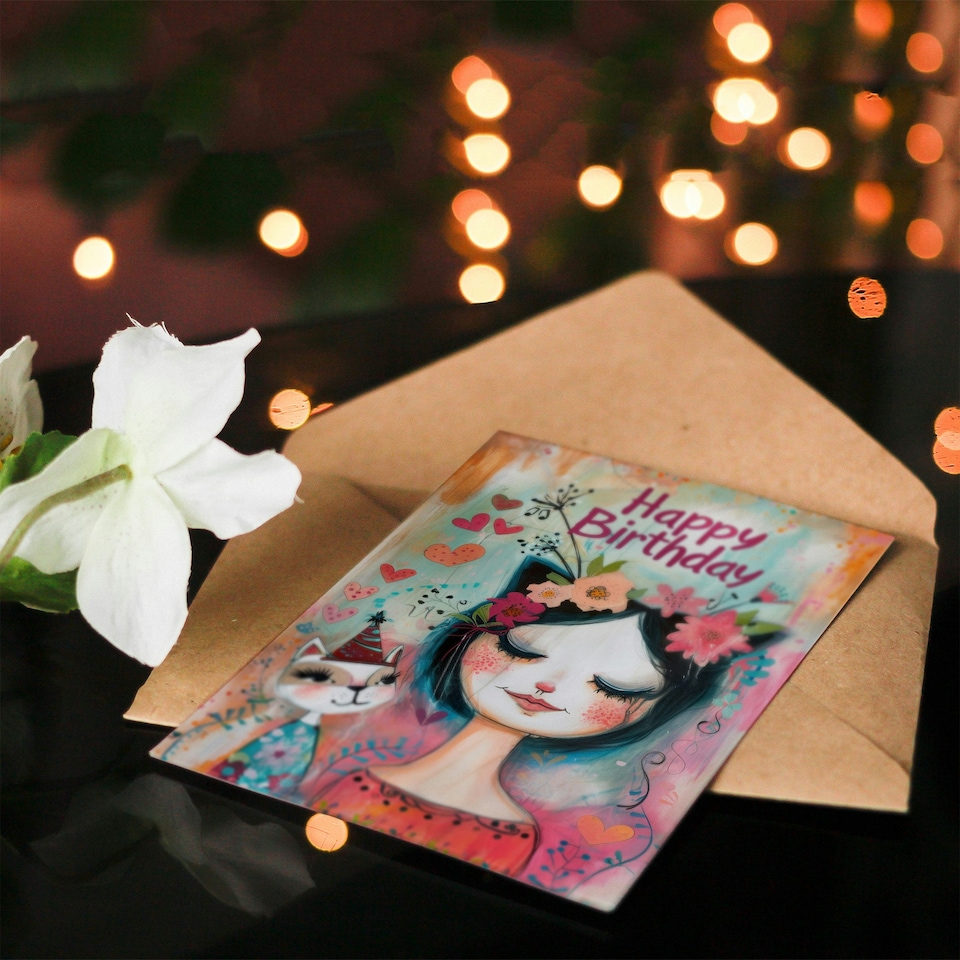 image 1 of Cat Lover Lady Party Hat Cute Floral Portrait Her Birthday Card
