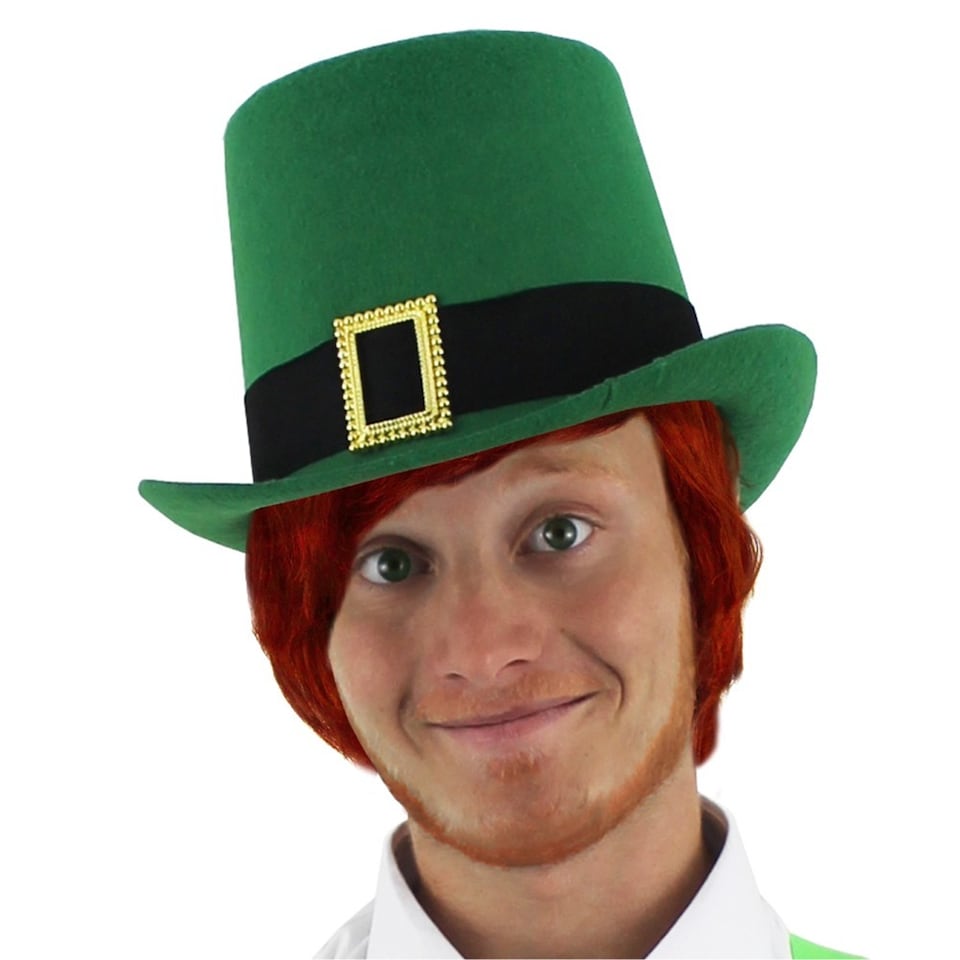 image 1 of Irish Buckle Top Hat with Short Red Wig | Green | 1