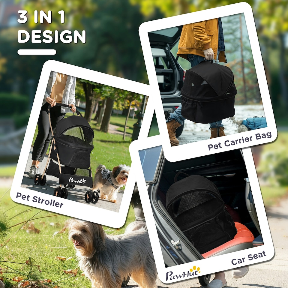 image 1 of PawHut 3 In 1 Pet Stroller, Detachable Dog Cat Travel Carriage - Black