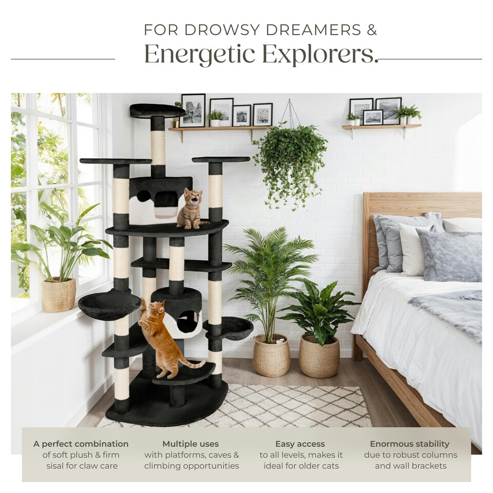 image 1 of Cat Tree Fippi - 201 cm tall, sisal cat scratching post, toy & anti-tip bracket - Black/White