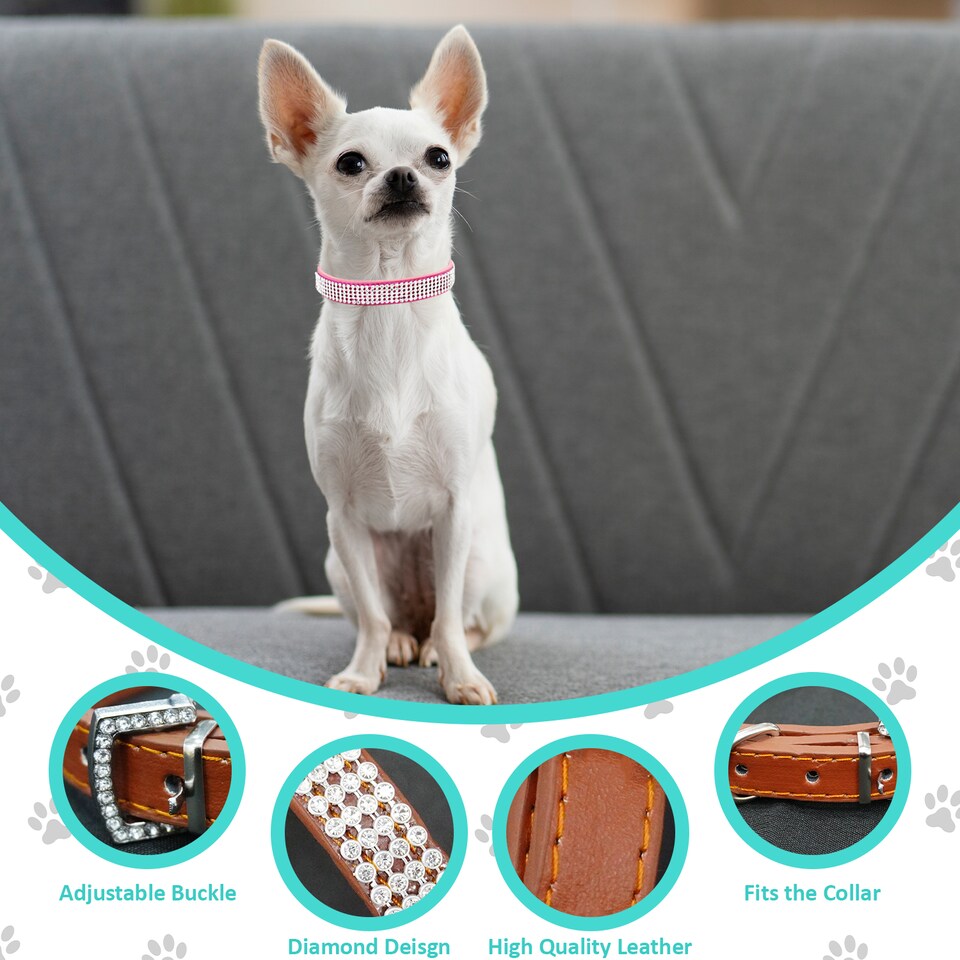 image 1 of Trimming Shop Diamante Dog Collar, PU Leather Pet Collar, Dog Belt