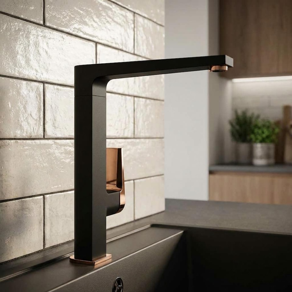 image 1 of Black/Rose Gold Brass Kitchen Sink Faucet Tall Elegant Mixer Tap
